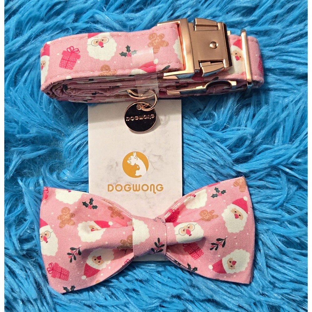 DOGWONG Adjustable Christmas Print Dog Collar with Bowtie- Pink Santa Hat Large